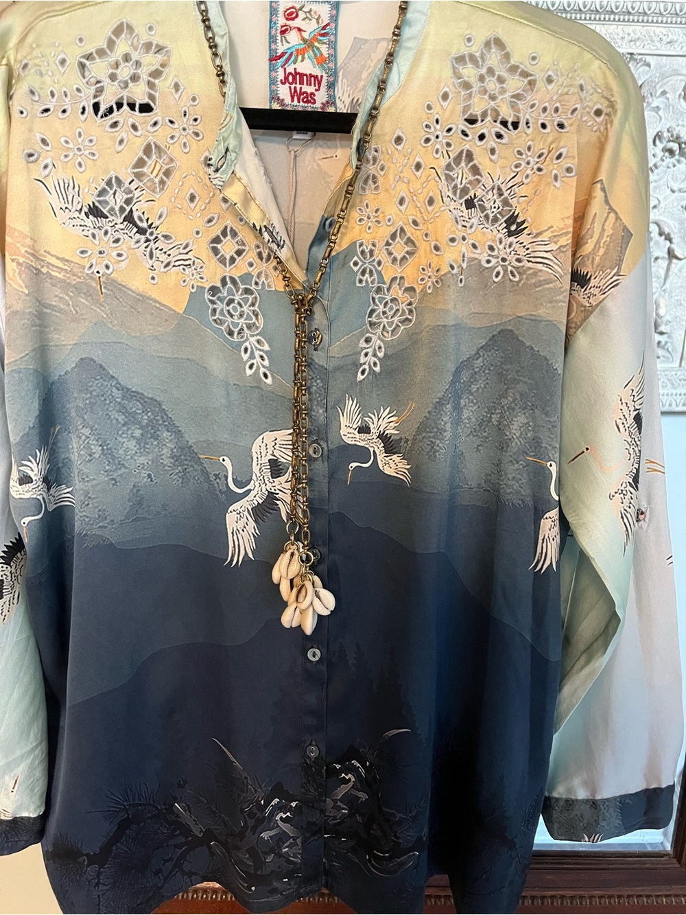 Johnny Was Asian inspired mountain scene with White Cranes in flight